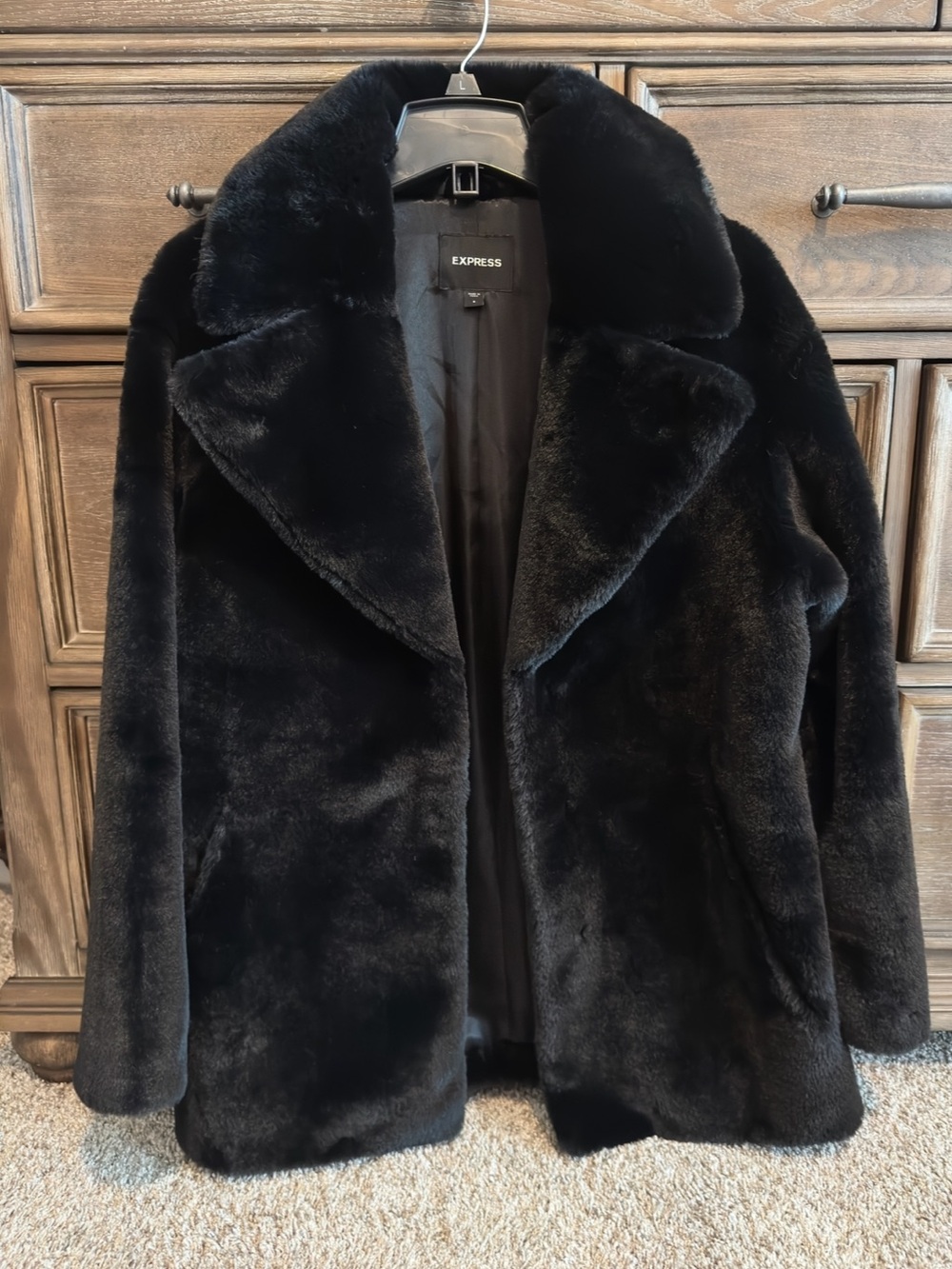 Express Black Faux Fur Teddy Jacket with Wide Collar